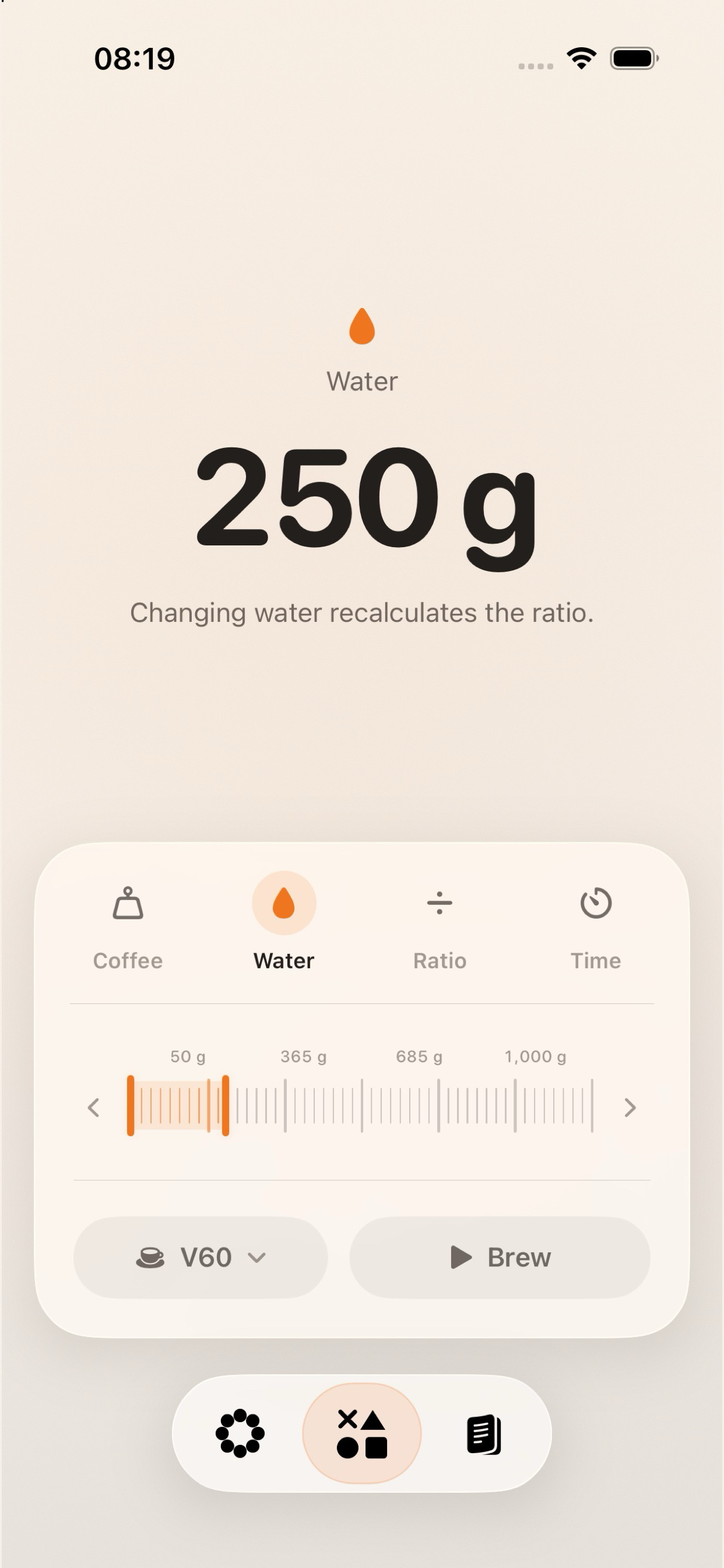 Reta water tuning screen showing coffee, water, ratio, and time controls
