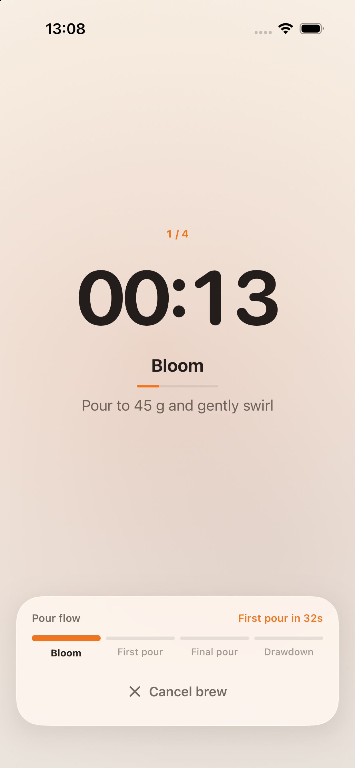 Reta guided brew screen showing the Bloom phase and pour target